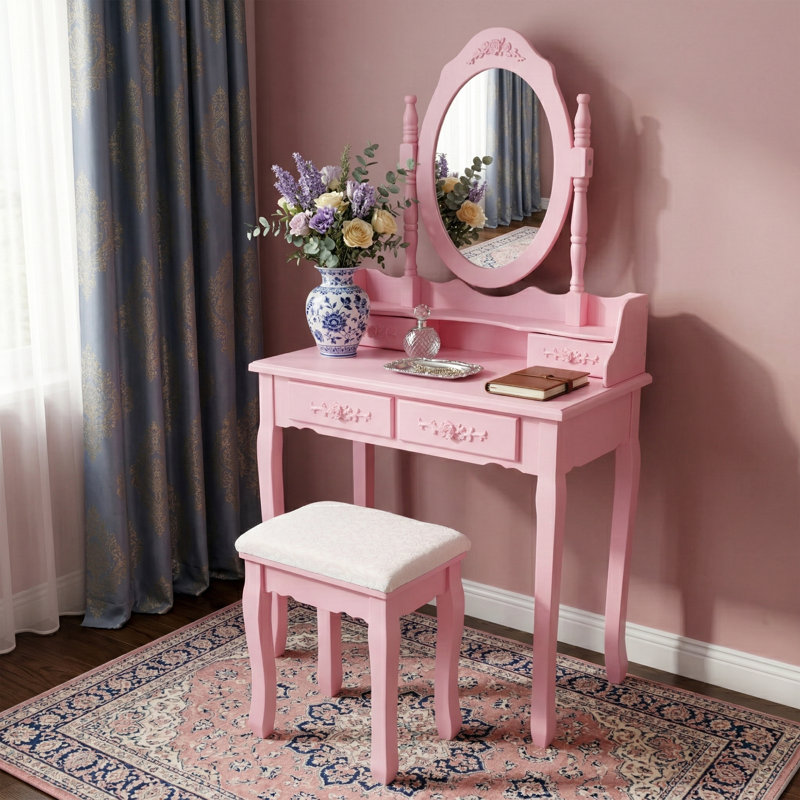 29.5" Wide Pink Princess Vanity Desk Set With 360° Rotating Mirror - 4-Drawer Wooden Makeup Table With Cushioned Stool - 55" High Girls Bedroom Dressing Station - Pink