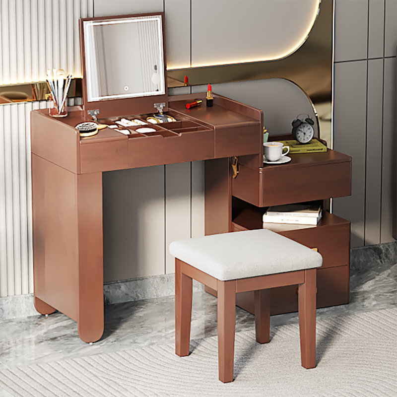 Meuble-lavabo 3 en 1 avec miroir rabattable, éclairage DEL, longueur réglable et tiroirs spacieux - Coiffeuse multifonctionnelle élégante pour la maison, noyer