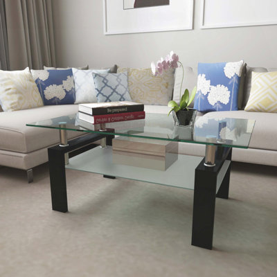 Table basse rectangulaire en verre trempé à 2 couches - transparent, 38,6 po