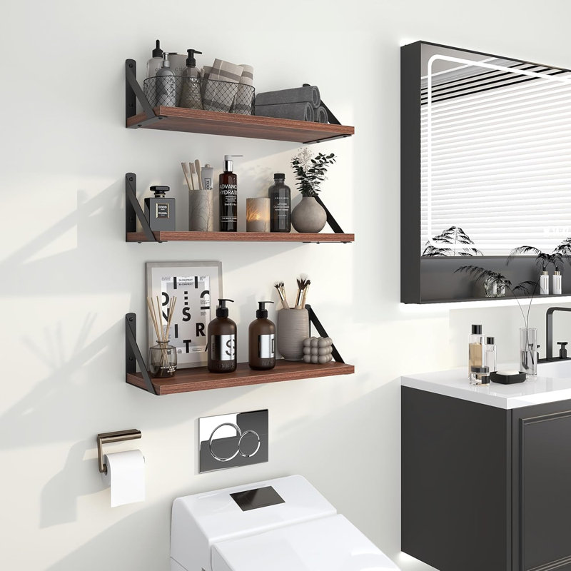 Floating Shelves Set Of 3, Wall Mounted Shelves For Bathroom Bedroom Kitchen, Sturdy Wood Shelves With Metal Brackets, Space Saving Storage Solution