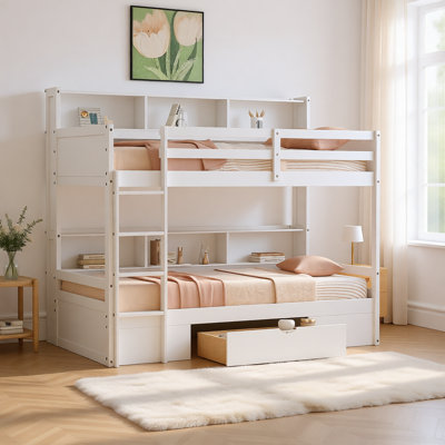 Twin over Twin Bunk Bed with Built-in Shelves Beside Each Bed and Large Storage Drawer, Solid Wood Frame, Space-Saving Design