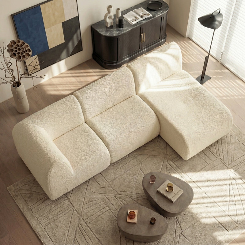 Canapé modulaire courbé avec méridienne Grossman, White Teddy