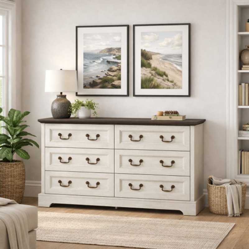 Commode 6 tiroirs en bois avec poignées en métal