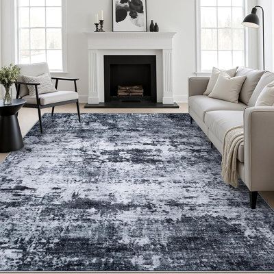 Tapis abstrait moderne noir, lavable, antidérapant et antitache, à poils courts, pour salon
