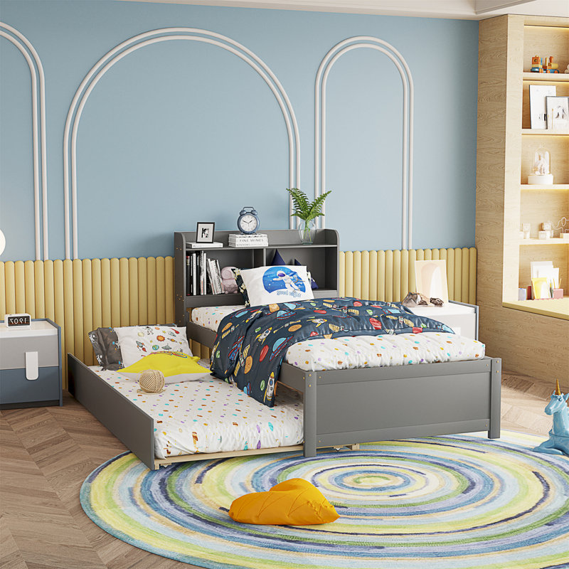 Engeliene Wooden Bed with Trundle,Storage Bed Frame with Bookcase, Gray, Twin