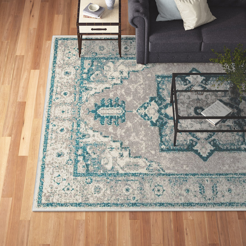 Tapis d'intérieur / extérieur gris / bleu sarcelle Higginbotham, Rectangle 8 pi x 11 pi