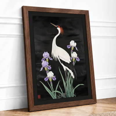 Crane Among Irises Japandi - Framed Print