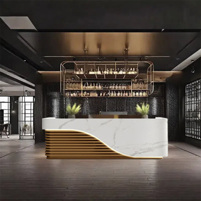 102.36" Bar Counter Front Desk with Wine Storage, Lockable Drawers, and Dual Function by KPXU Bar Counter