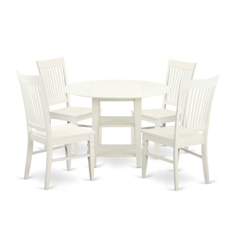 5 Piece Dining Table Set for 4 Includes a Round Kitchen Table with Dropleaf & Shelves and 4 Kitchen Dining Chairs, 42x42 Inch, Buttermilk & Cherry