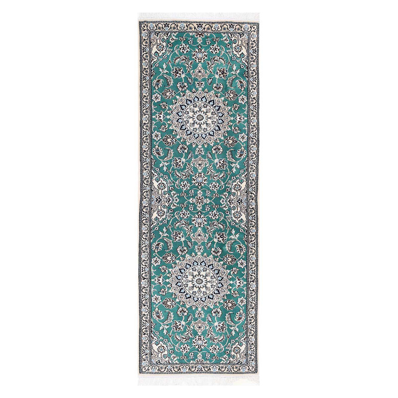 Green Fine Hand Knotted Persian Silk & wool Nain 2'x 6'6"