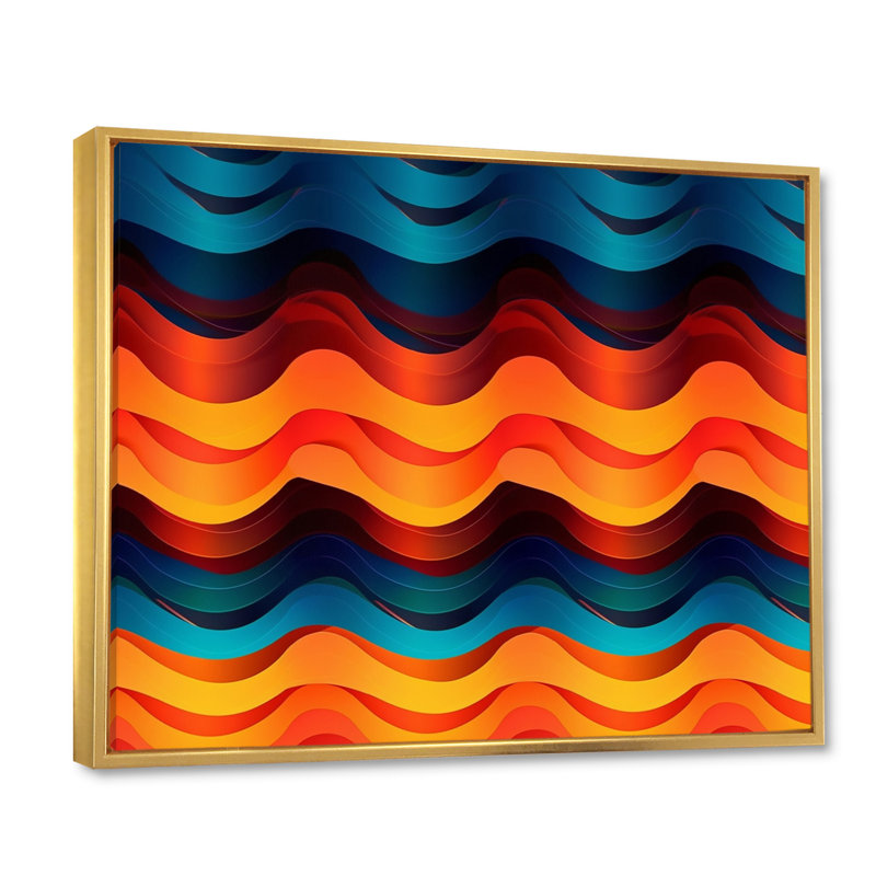 Les vagues de la musique en orange et bleu rétro - musique sur toile, H 34 po x l 44 po x P 1,5 po, Cadre flottant doré