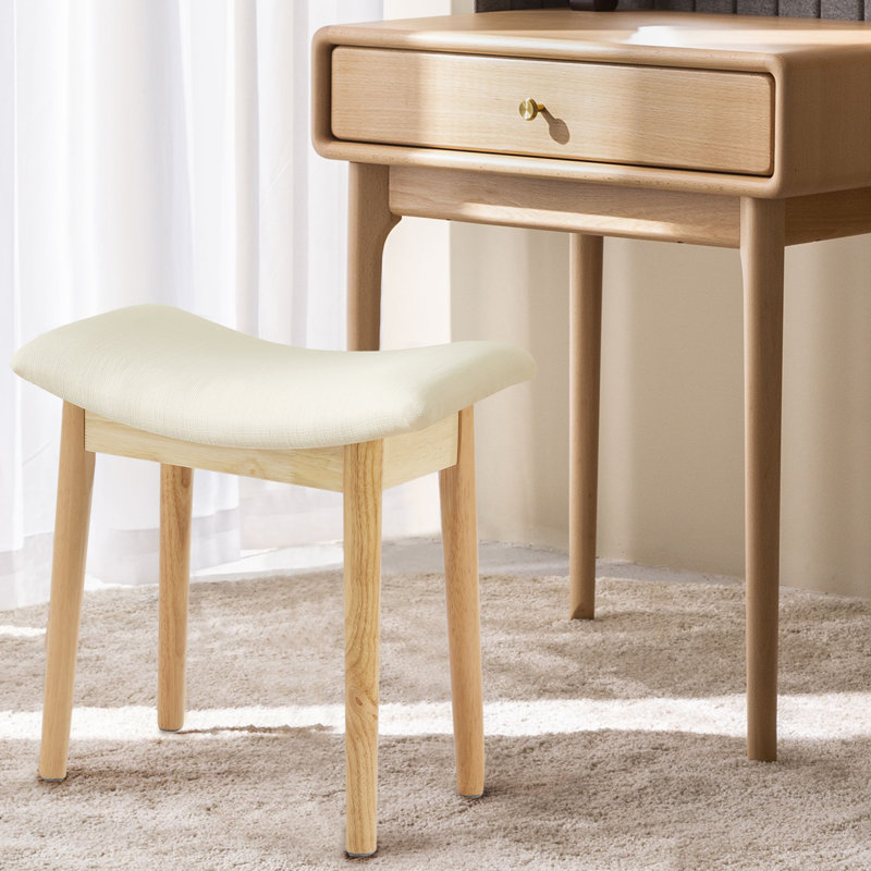 Tabouret d'appoint en bois massif avec revêtement en tissu Sowers, Bois de chêne, Blanc