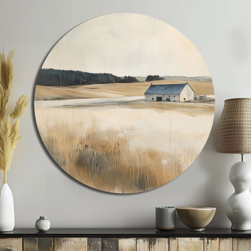 Ferme Golden Fields II - Décoration murale ronde en métal de style grange, H 16 po x l 16 po
