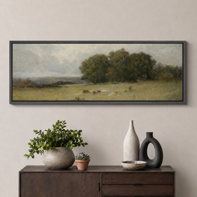 Pastoral Meadow With Cows Landscape Artwork, Living Room Dining Room Pictures, Framed Canvas Giclee Print Wall Art