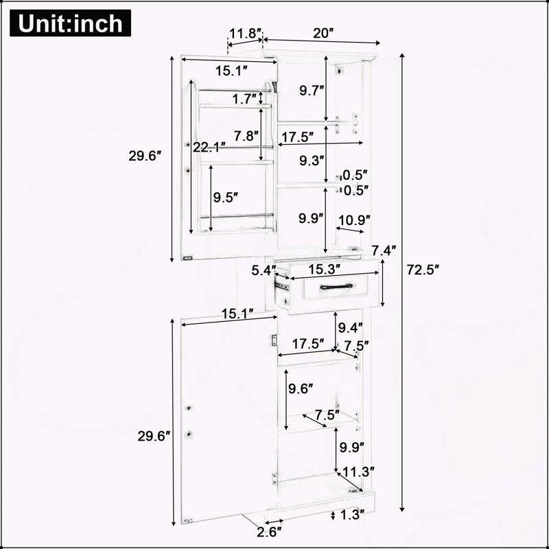 Armoire de salle de bain autoportante polyvalente avec tablettes réglables et dispositif de sécurité