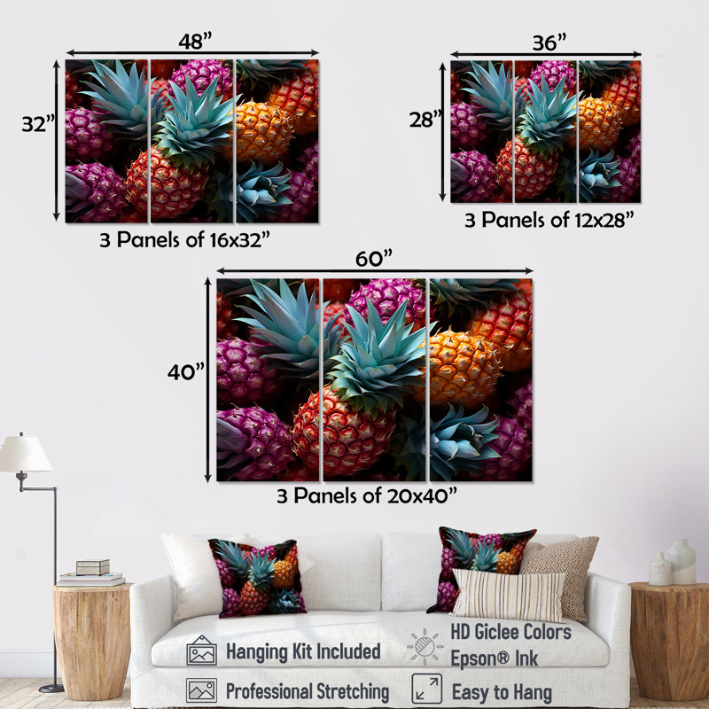 Ensemble d'art mural Neon Pinapple Nectar III - Ananas, H 32 po x l 48 po