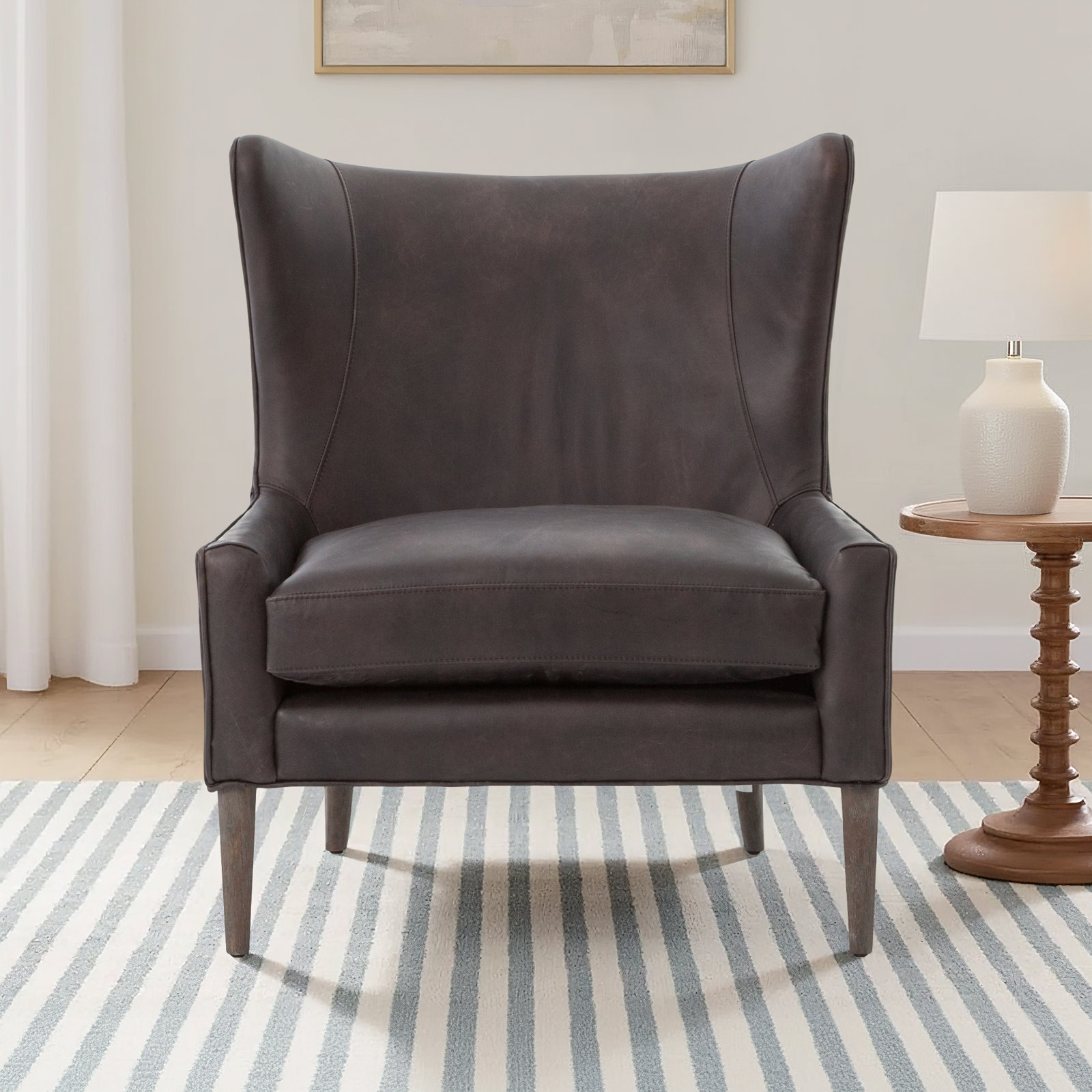 Perth Genuine Leather Wingback Chair, Vintage Black, Toasted Parawood