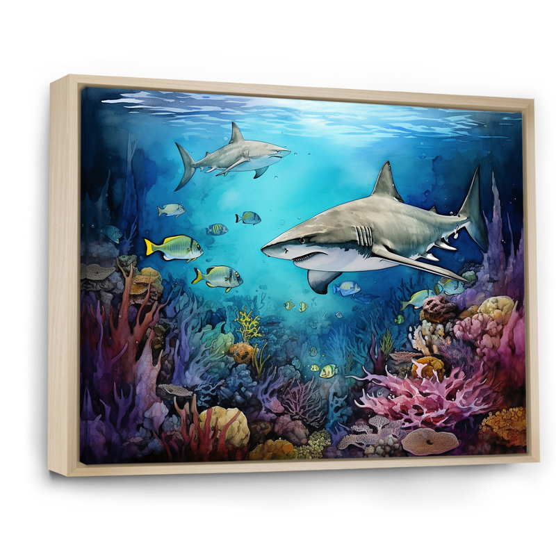 Shark Haven Under Water, reproduction d'art sur toile I, Cadre naturel flottant, H 24 po x l 32 po x P 1 po