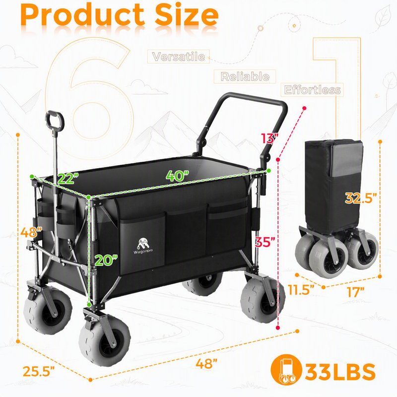 Chariot pliant 48 pouces multifonctionnel avec poignée rotative et pneus tout-terrain pour le camping et la plage, robuste et grande capacité