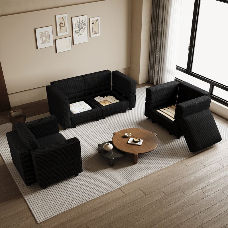 Ensemble de salon modulaire rembourré Elda, Velours côtelé noir