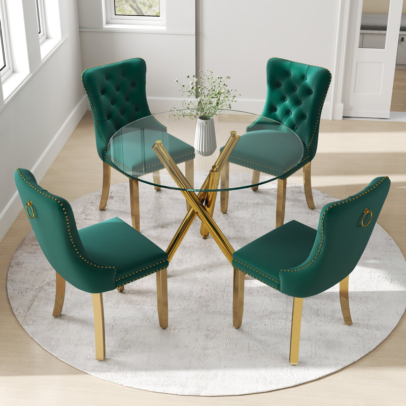 Ensemble de salle à manger à piédestal rond 5 pièces avec chaise capitonnée en velours pour salle à manger et salon, Vert