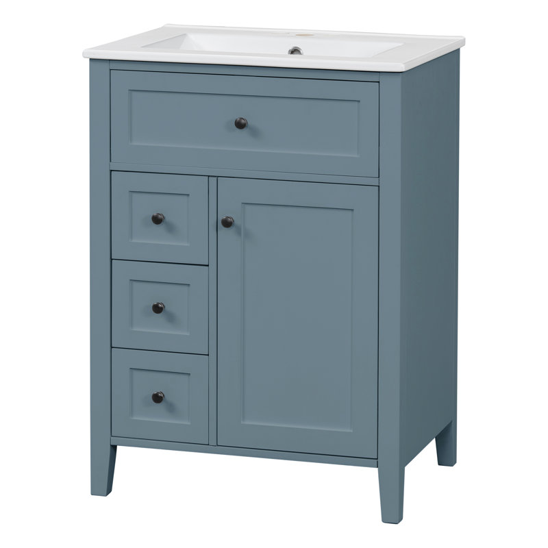 Meuble-lavabo moderne 24 po avec lavabo, 3 tiroirs et support de porte (noir / blanc / bleu / gris / vert), Bleu