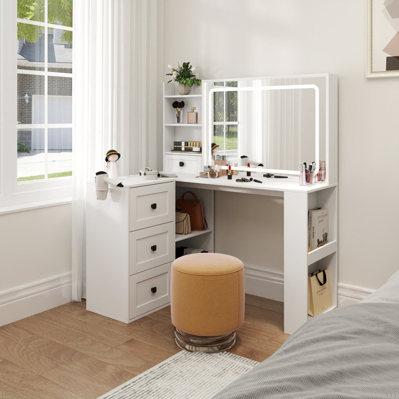 Bureau de coiffeuse avec lumières, coiffeuse de maquillage avec barre d'alimentation, ensemble de coiffeuse avec 3 grands tiroirs, miroir de coiffeuse 3 lumières de couleur réglables