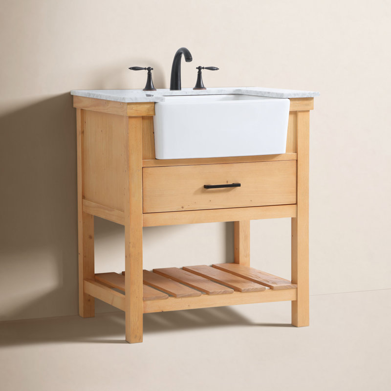 Pelaghia 30'' Single Bathroom Vanity with Marble Top, Natural Wood
