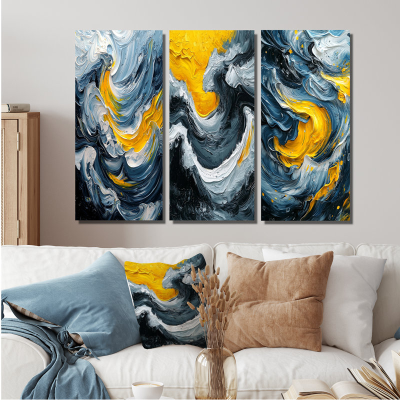 Encre jaune et grise vagues océaniques I - Collection de grandes décorations murales abstraites 3 pièces, H 28 po x l 36 po
