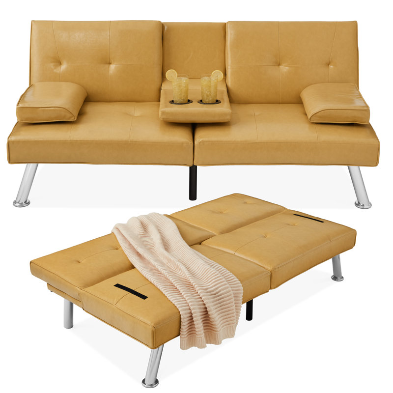 Owlex Modern Convertible Futon Sofa w/ Removable Armrests, 2 Cupholders, Camel Yellow Faux Leather