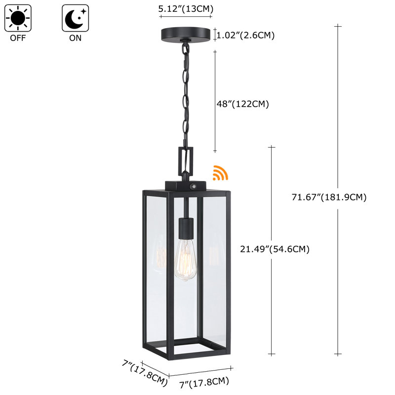 1-Light Matte Black Outdoor Hanging Lantern Pendant with Dusk to Dawn, 21.49" H x 7" W x 7" D