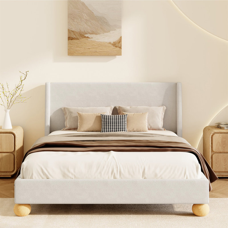 Lit plateforme tapissier moderne avec tête de lit à oreilles et pieds ronds Modern Boucle, Beige, Très grand