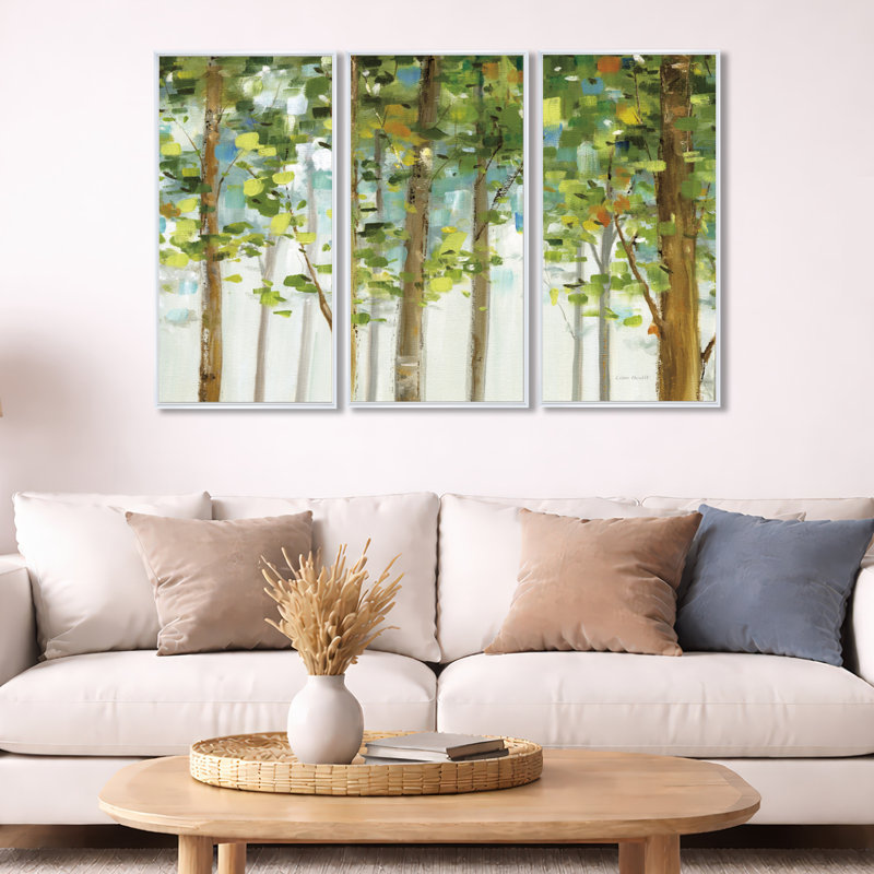Étude de forêt verte - ensemble d'art mural sur toile traditionnel encadré de 3, H 20 po x l 36 po x P 1 po, Cadre blanc