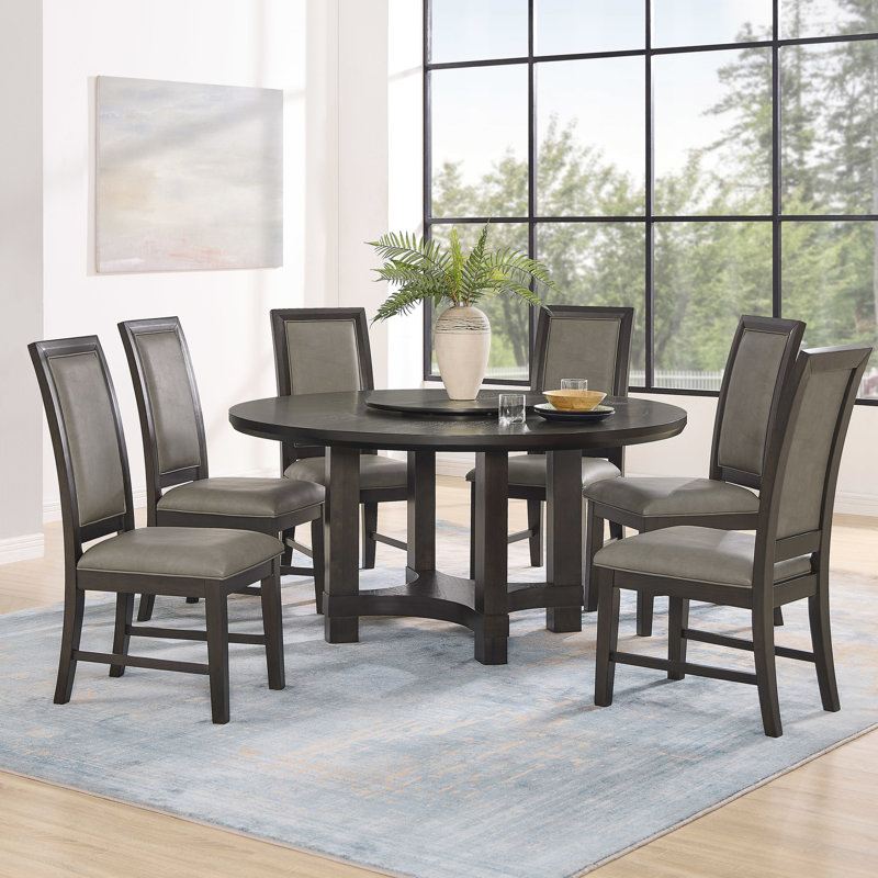 5 pièces avec table ronde en bois et chaises rembourrées en polyuréthane brun, 5 pièces: table, 4 chaises