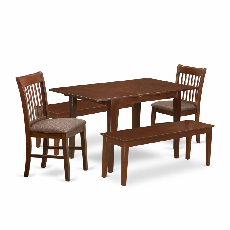 5 Piece Dining Table Set Includes a Rectangle Kitchen Table with Butterfly Leaf and 2 Linen Fabric Dining Chairs with 2 Benches, Mahogany