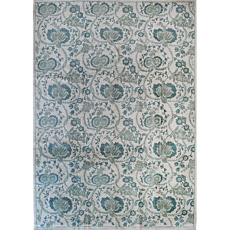 Tapis vert moderne à motif géométrique en laine noué à la main à motif floral vert, 10 pi x 14 pi