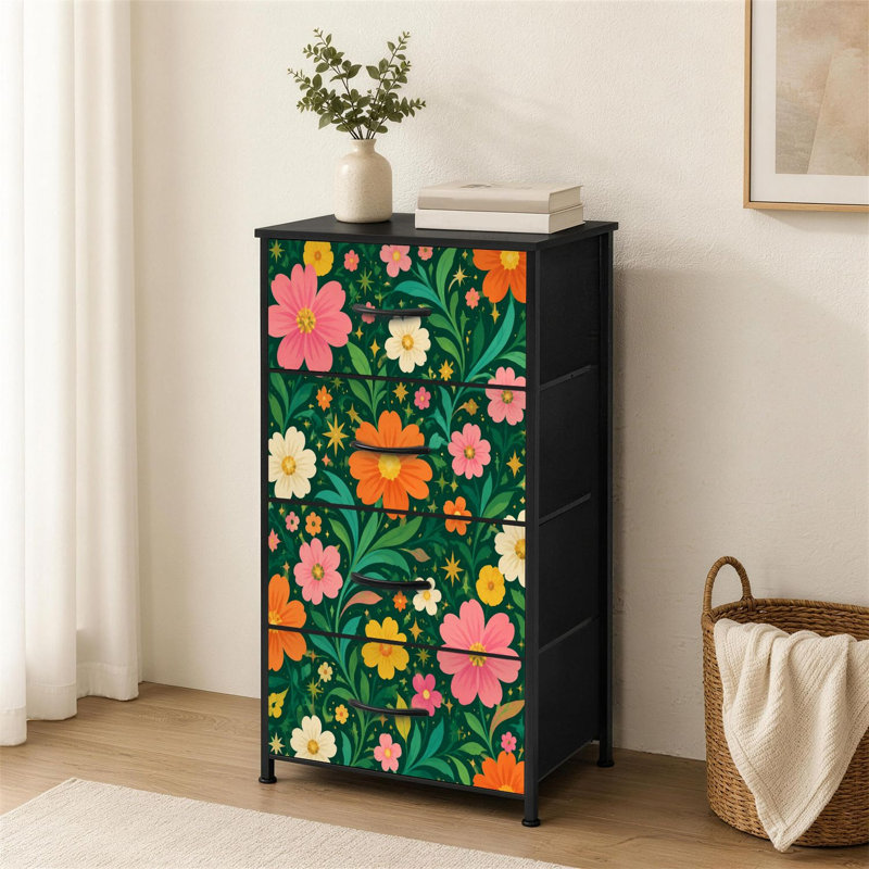 Commode à 4 tiroirs pour chambre à coucher colorée avec fleurs vibrantes et feuilles vertes Boho