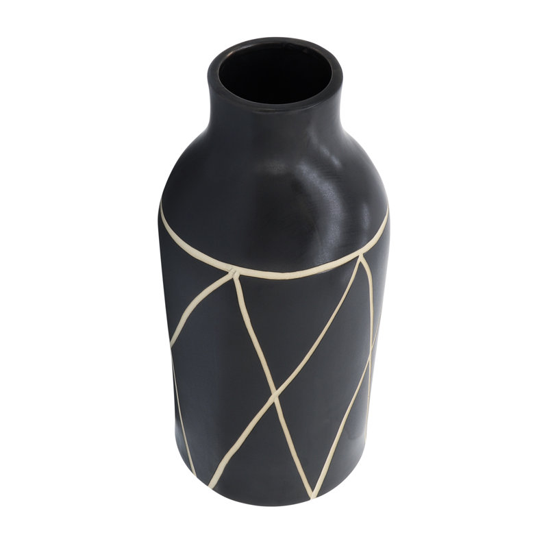Vase en grès céramique motif géométrique noir 16 pouces Boho Home Office chambre salon décor.