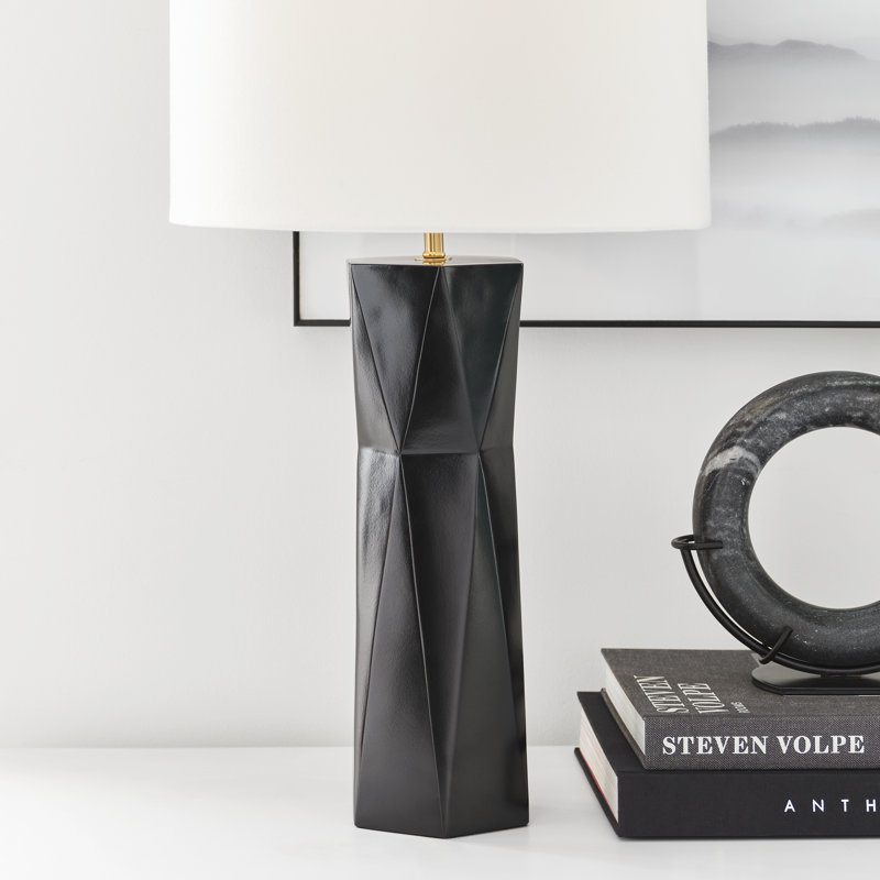 Gloss Black Resin Table Lamp with White Linen Shade