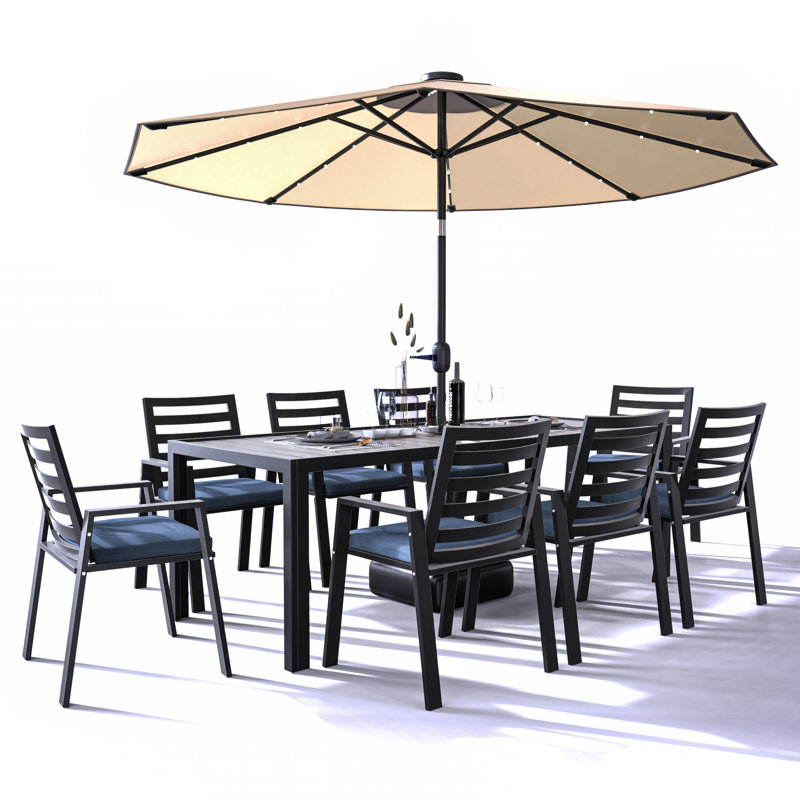 Table de salle à manger rectangulaire d'extérieur à lattes et 8 chaises en aluminium Letendre, Bleu gris anthracite