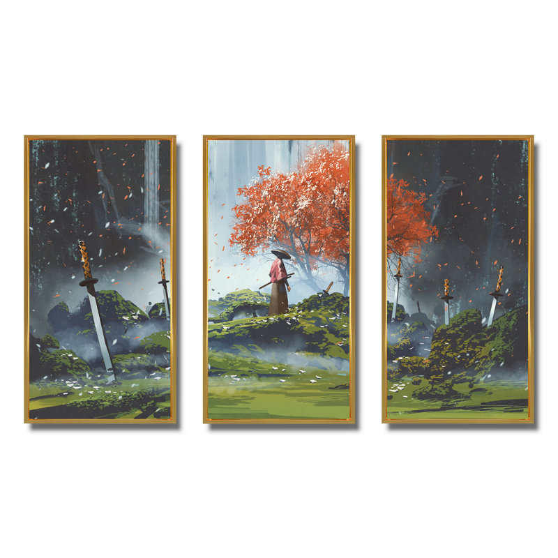 Samouraï debout dans un jardin en cascade avec des épées - 3 pièces, reproduction sur toile, H 28 po x l 36 po x P 1 po, Or
