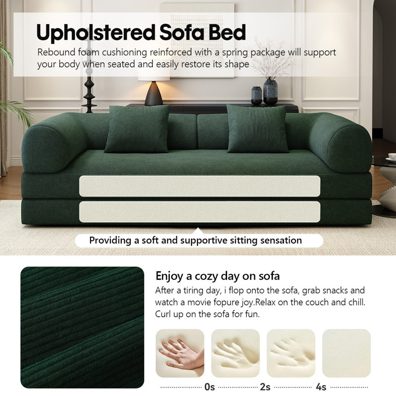 78.8" Modular Sofa Bed - 4-in-1 Convertible Design with Corduroy Fabric and High Density Sponge, Removable Cover and Fixed Frame