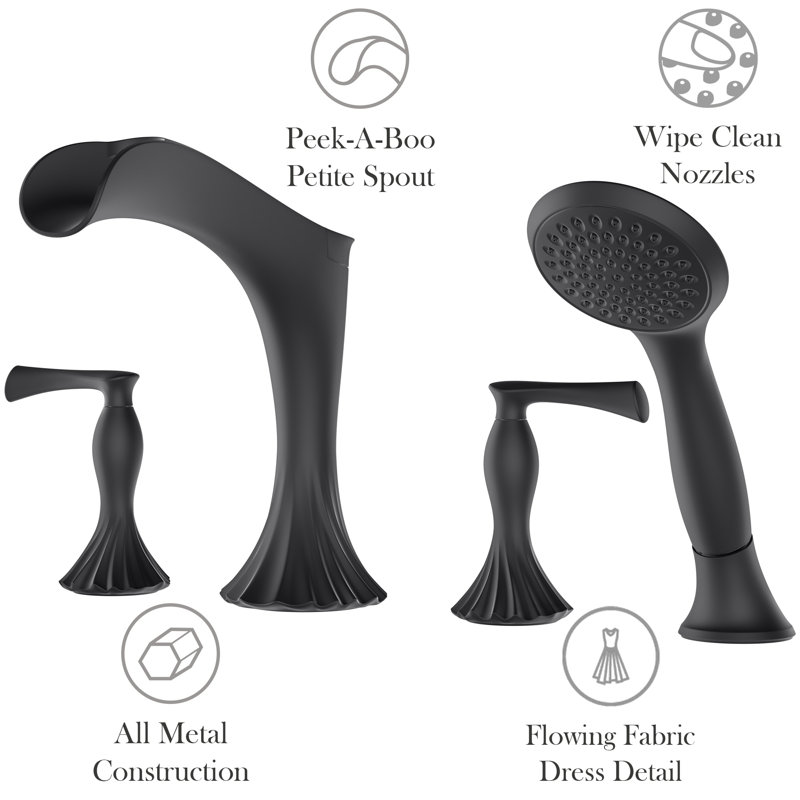 Garniture de robinet de baignoire romaine à deux poignées avec inverseur et douchette Rhen, Noir mat