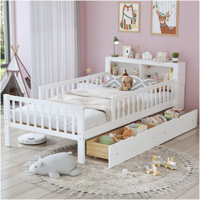 Twin Size Bed With Headboard Storage Rack, Two Under-Bed Drawers, Three-Side Guardrails For Safety And Security,White