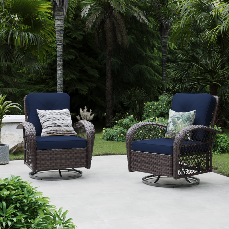 Aksha Outdoor Wicker Patio Rocking Chair with Cushions, Blue, Brown