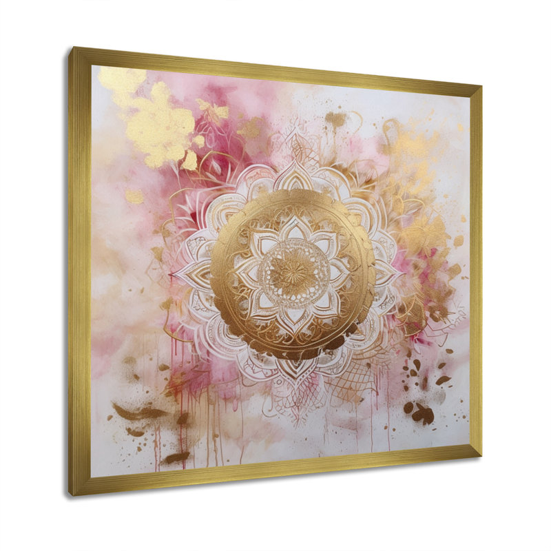 Mandala III or rose sur toile, H 16 po x l 16 po x P 1 po, Cadre flottant doré