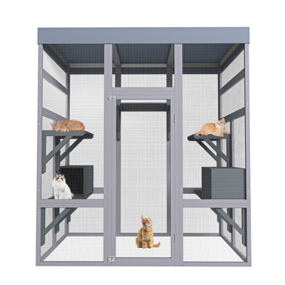 Catio en bois pour chats, grande enceinte pour chat avec housse imperméable, 2 maisons pour faire la sieste, plateformes et abri de sécurité en métal galvanisé