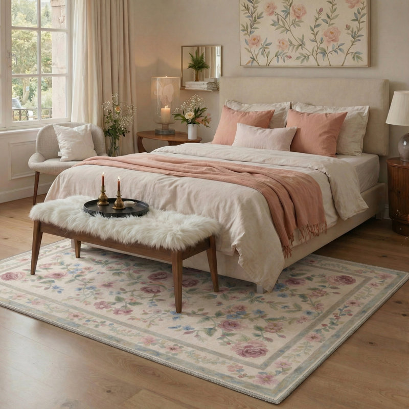Abbey Floral Machine Washable Pink / Beige / Green Indoor Area Rug with Non-Slip Backing, Rectangle 5' x 7'