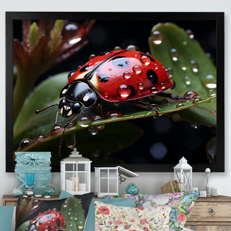 «Rainy Ladybugs Lullaby I», reproduction sur toile, H 30 po x l 40 po x P 1,5 po, Cadre simple noir