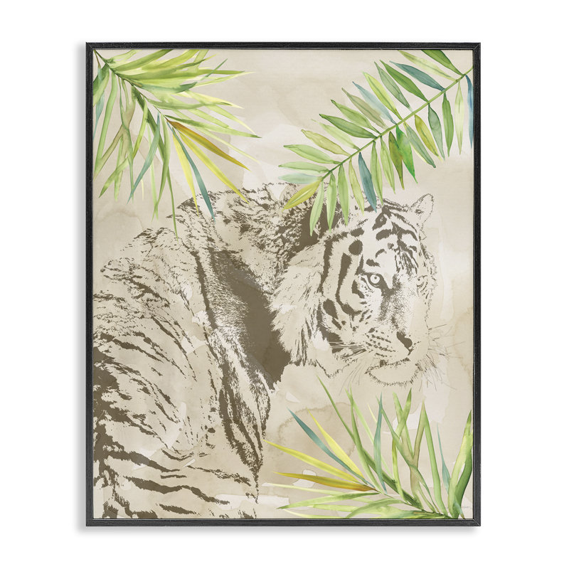 Impression de tigre et palmiers, estampe numérique par Carol Robinson, Giclée encadrée noir minuit, H 20 po x l 16 po